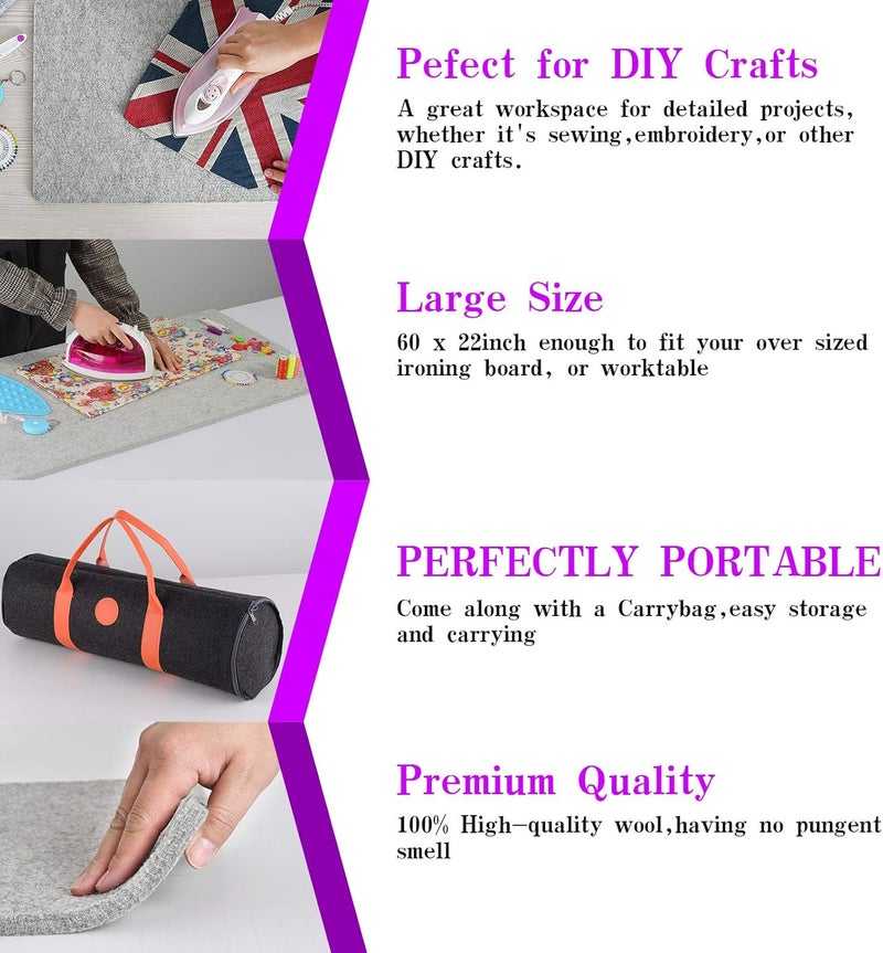 Rdutuok 60 x 22 inches Wool Pressing Mat for Quilting Large Size New Zealand Wool Mat with Scissors, Tape,Felt Storage Case,Iron Rest pad and 40Pcs Sewing Pins - Image 2